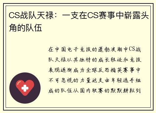 CS战队天禄：一支在CS赛事中崭露头角的队伍