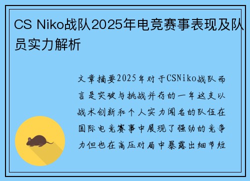 CS Niko战队2025年电竞赛事表现及队员实力解析